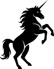 Obraz premium Simple Monochrome Black on White Logotype of a Unicorn Standing on Its Hind Legs. Dynamic Icon Character Symbolizing Strength and Power in Flat Geometric Style Suitable for Tshirts, logos Your Brand