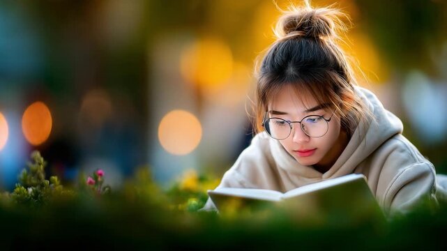 Enthralled Reader in the Sunlight: A captivating scene unfolds as a young woman becomes engrossed in her book, illuminated by the gentle glow of the sun.