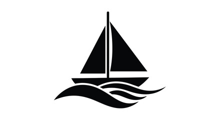 A simple black silhouette of a sailboat gliding over waves