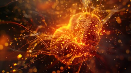 Microscopic 3D illustration of a glowing biological cell or pathogen with glowing orange particles and long organic tentacles, representing medical research, biotechnology, and viral structure