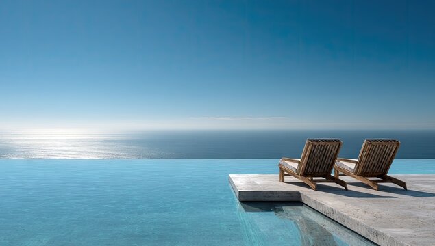 Tranquil poolside scene two wooden lounge chairs overlooking the ocean