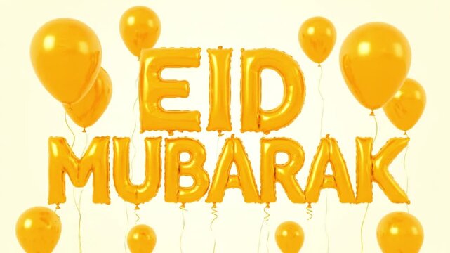 Luxury Golden Balloon Letters Eid Mubarak Celebration Background with Floating Party Balloons Minimal Islamic Holiday Greeting Concept