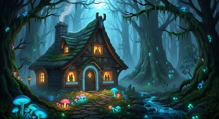 Fototapeta premium Whimsical woodland abode with glowing mushrooms and ethereal lighting