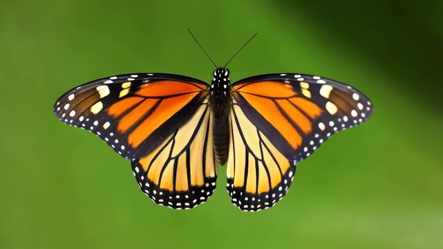 Monarch butterfly with orange and black wings in flight against green featuring insect, white, flying with animal and nature elements for wildlife,