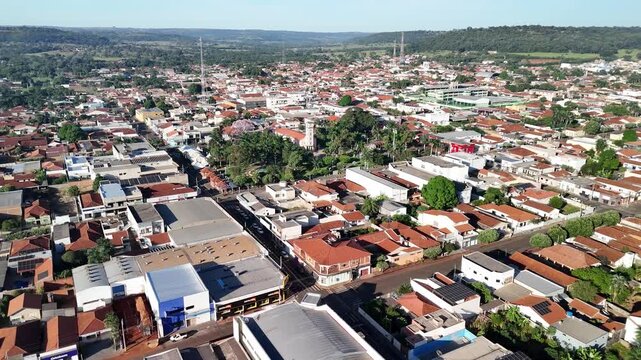 Cassilandia, Mato Grosso do Sul, Brazil - 04 05 2024: Downtown aerial orbit with Sao Jose Square