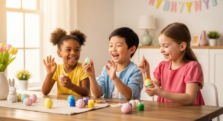 Fototapeta premium Children from different backgrounds decorate eggs with pastel colors indoors. Sunlight through the window adds softness to the lifestyle scene. Spring Easter