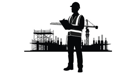 A construction worker stands reviewing plans against a cityscape backdrop rendered as a striking silhouette high quality professional detailed © RMvectors02