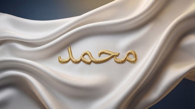 Golden Arabic calligraphy of the female name Layla embroidered on white satin fabric with blue edges, luxury Islamic background with soft folds and silky shine, close up, horizontal banner