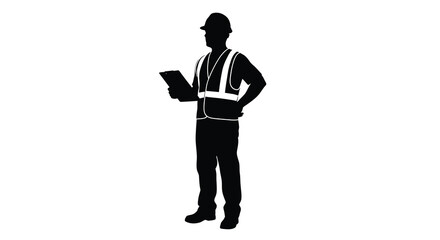 A construction worker stands holding a clipboard appearing as a stark dramatic black shape silhouette high quality professional detailed © RMvectors02