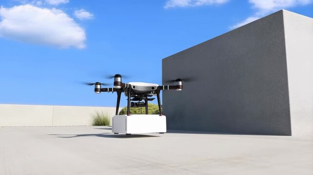 Drone delivering package with white cargo box, flying near modern building and blue sky with clouds.