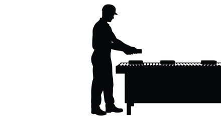 A construction worker stands near a partially built roof carefully arranging shingles in a dark striking silhouette high quality © RMvectors02