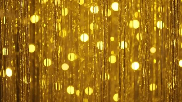 Shimmering golden tinsel curtain with soft bokeh lights creates a festive and celebratory atmosphere
