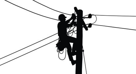 A lineman skillfully ascends a utility pole amidst a network of wires presented as a striking silhouette high quality © RMvectors02