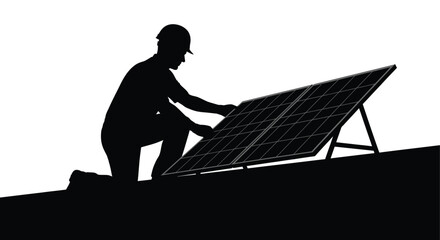 A worker is shown installing a solar panel on a rooftop highlighting renewable energy solutions a striking silhouette high quality © RMvectors02