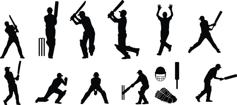 Cricket player silhouettes, batting vector illustration, bowling action art, wicketkeeping design, fielding figures decor, sports equipment icons, black shapes