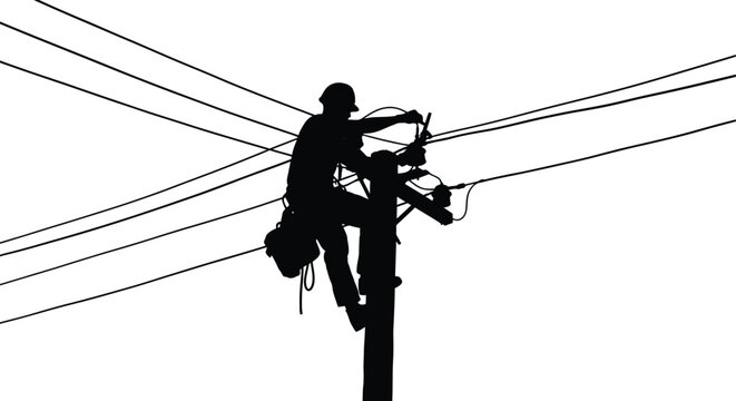 A lineman skillfully ascends a utility pole while working with electrical wires captured in stark silhouette high quality professional