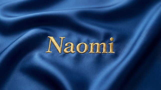 Gold embroidery of the name Naomi on luxurious blue silk, detailed close-up of embroidered letters, wavy fabric surface, luxurious custom name design, panoramic composition.