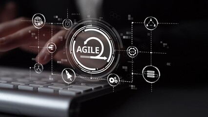 Obraz premium Agile project management using teams and agile planning for agile development. Agile enables flexibility, collaboration, and continuous improvement across modern workflows. Muxer