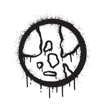 A black graffiti style earth globe symbol with spray paint drips.
