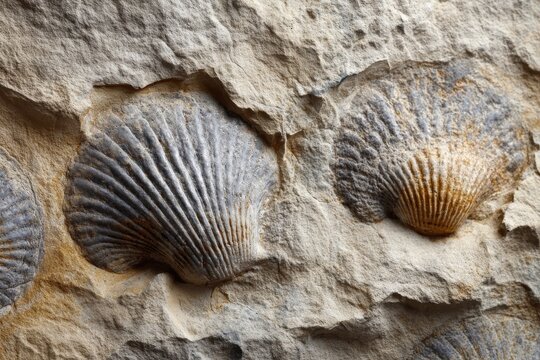 Close up of ancient sea shell fossils embedded in a natural limestone rock surface