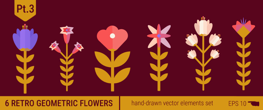 Flat botanical icon set in brutalist geometric style, inspired by retro medieval rosettes and minimal contemporary logo aesthetics.