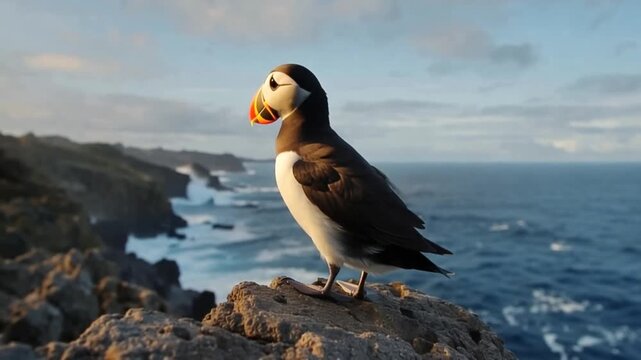Seabird perched on rocky cliffside overlooking ocean waves crashing against shoreline under cloudy sky