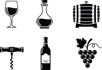 Naklejka premium Collection of minimalist wine related icons including a bottle glass barrel and grapes
