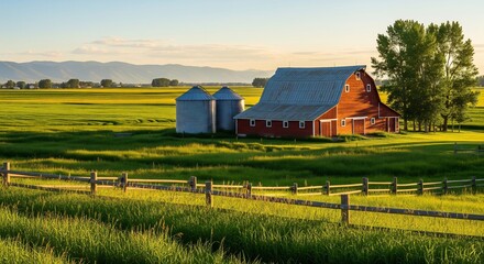 Rustic red barn with silos in green field at sunrise