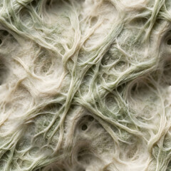 Obraz premium Macro photography of a seamless organic fiber texture. Features intricate interwoven pale green and cream filaments with a soft, porous, and microscopic biological or recycled material appearance.