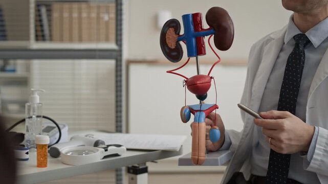 Broll closeup of Male doctor using anatomical model to demonstrate kidney structure during urology appointment with patient in clinical office, hands of patient gesticulating in blurred foreground