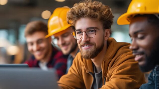 Building Crew in Focus: A dynamic team of construction workers, each wearing a yellow helmet, collaborates with focused attention on a laptop, symbolizing teamwork, innovation, and diligent effort.