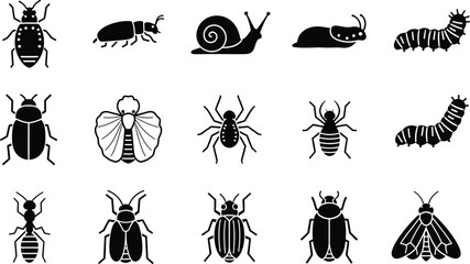 Collection of black and white insect silhouettes including caterpillars, beetles, and spiders. © Simu Store