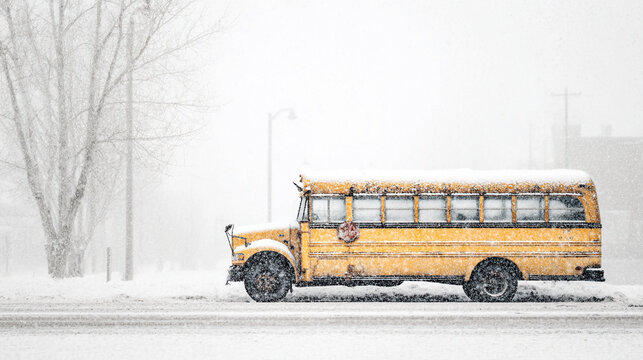 Snow-Covered Yellow School Bus Parked During Winter Blizzard ~ Created using Generative AI