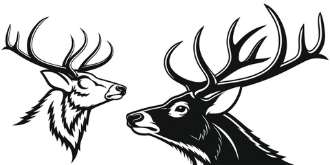 Two deer with large antlers facing each other in a black and white illustration