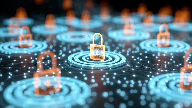 Digital locks on a network grid symbolize cybersecurity layers, Digital locks displayed on a network grid symbolize the multiple layers