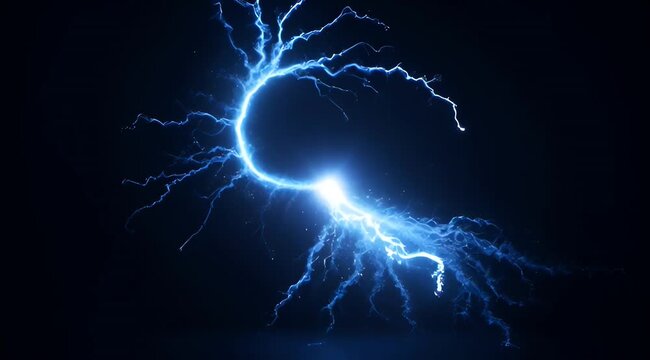 Dynamic electric discharge illuminating a dark background with vibrant blue energy, showcasing raw power and a striking electrical phenomenon ideal for visual effects and abstract concepts