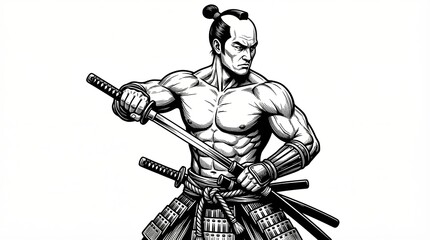 Obraz premium Bushido muscular samurai with katana, showcasing traditional Japanese warrior art sketch engraving generative ai fictional character vector illustration.