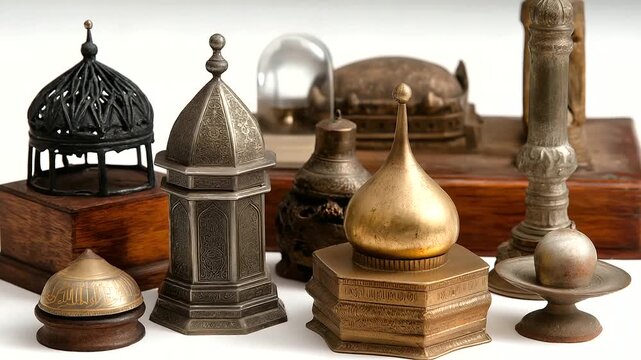 Collection of Islamic religious artifacts and objects, transparent background image, spiritual items display, faith-based symbols arrangement, religious observance objects,