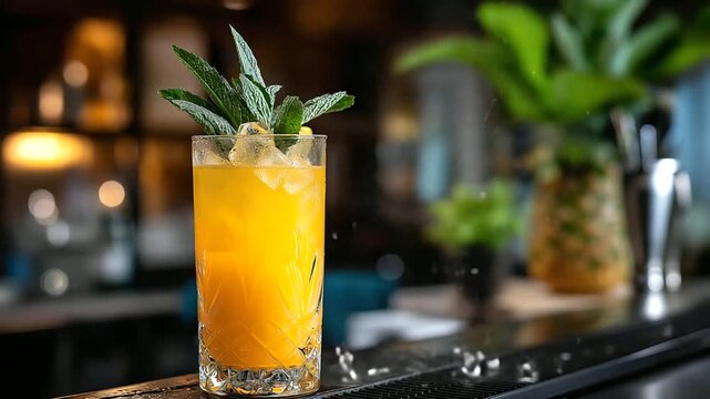 Cocktail splash on bar counter, beverage dynamic motion, drink preparation action, bartending scene with liquid movement, with copy space
