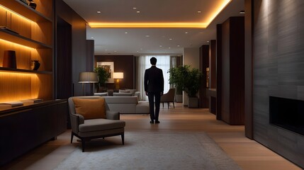 Fototapeta premium A man in a dark suit walks through a luxurious warmly lit modern interior with elegant decor