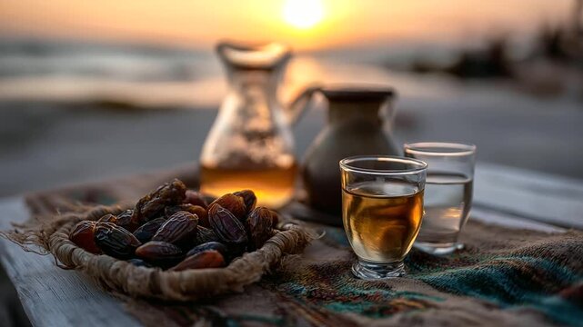 Dates and water simple meal at sunset, breaking fast ritual, iftar spiritual tradition, twilight religious nourishment, evening meal setting, defocused sunset background, with