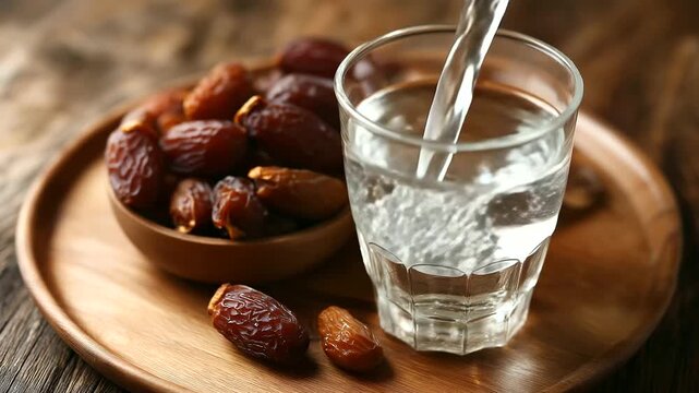 Dates and water simple meal on wooden tray, iftar breaking fast, spiritual nourishment display, religious food presentation, traditional serving arrangement, defocused tray