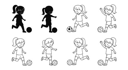 Illustrations of girls playing soccer in various styles and poses