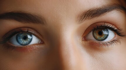 Fototapeta premium Detailed close up of a person s face focusing on the eyes showcasing heterochromia with one blue iris and one green brown iris highlighting unique
