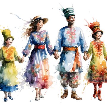 A vibrant, fluid watercolor portrait captures a cheerful family of four walking hand-in-hand. Dressed in beautifully patterned traditional costumes with distinctive hats, their figures blend.