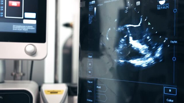 Modern surgical monitors showing ultrasound scan and patient vital parameters in operating room. Medical technology concept.
