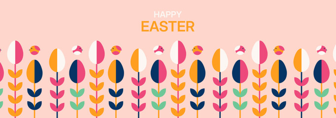 Spring and Easter promotional banner with elegant floral decorations and cheerful holiday typography modern horizontal vector template for marketing and web headers © Nahlnarendra