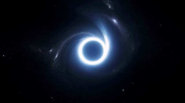 Black hole with glowing ring and swirling matter in space featuring astronomy, cosmos, universe with singularity and event horizon elements for