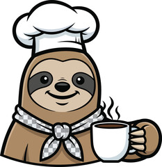 Fototapeta premium Cheerful vector illustration of a cute sloth mascot wearing a tall white chef hat and a checkered neckerchief while happily holding a steaming hot mug of coffee beverage design.
