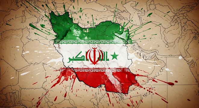 Iran flag splattered with paint on map of Middle East showing regional instability